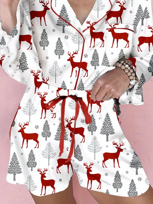 Red Gray Contrast with Deer and Trees | Christmas Fashion 2-Piece Set | Velvet Trim Top and Shorts Pajama | S-XL - #variant_color# - #variant_size# - #variant_option#