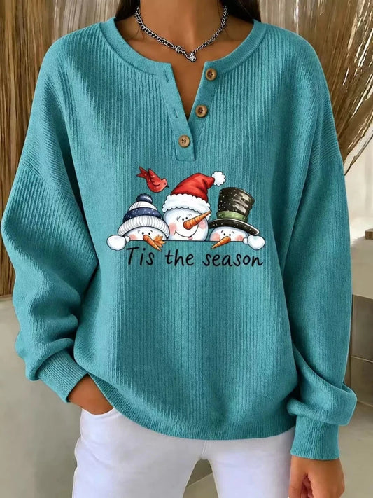 Tis The Season | Snowman Graphic | Christmas Ribbed Henley Sweatshirt | S-5XL - #variant_color# - #variant_size# - #variant_option#
