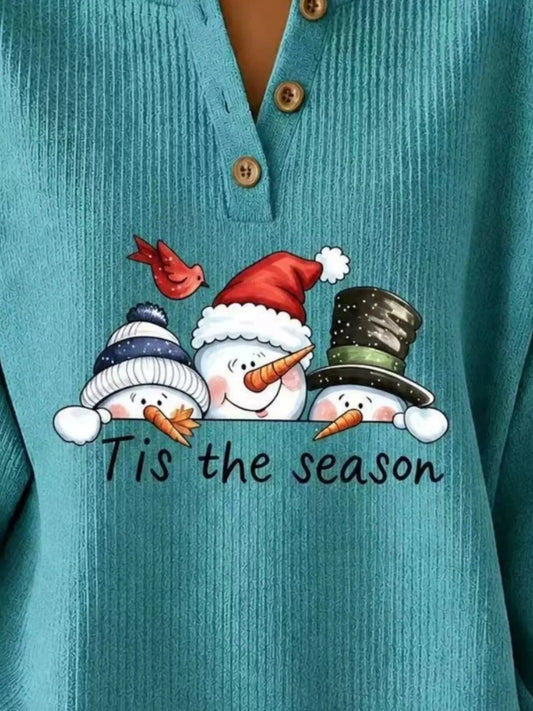 Tis The Season | Snowman Graphic | Christmas Ribbed Henley Sweatshirt | S-5XL - #variant_color# - #variant_size# - #variant_option#